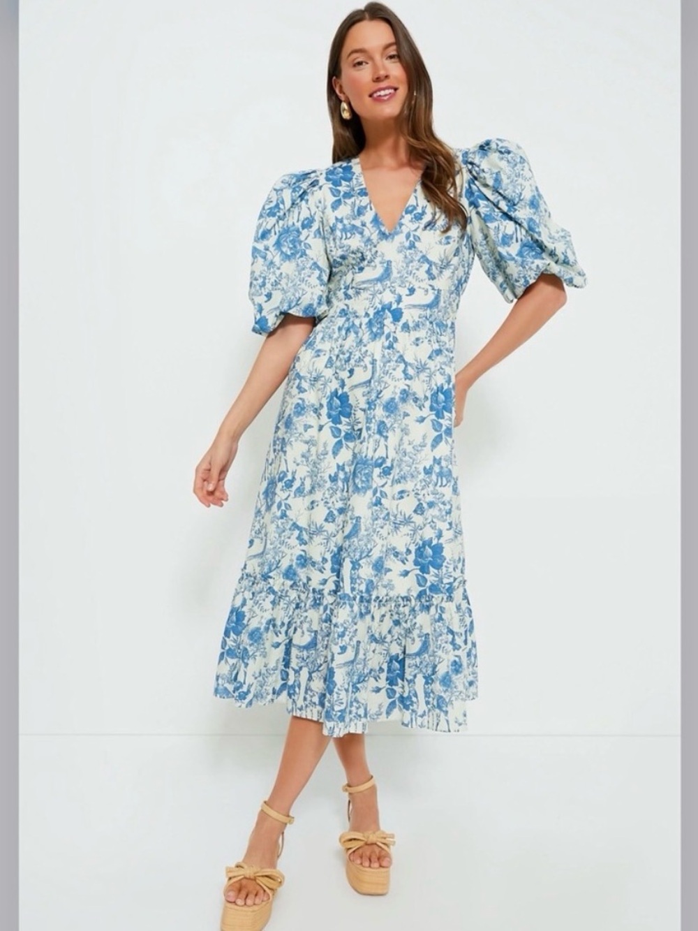 Hyacinth House blue woodland toile dress with puff sleeves